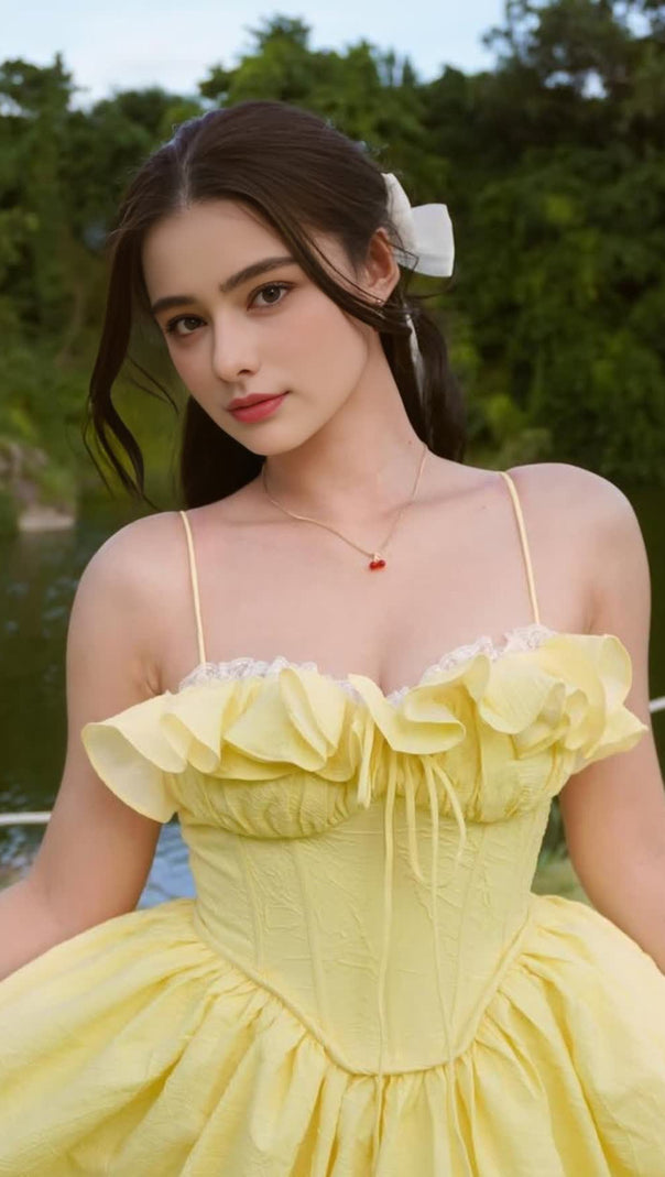 AIIZIE RUFFLE CORSET PUFFY MAXI DRESS IN YELLOW - product image