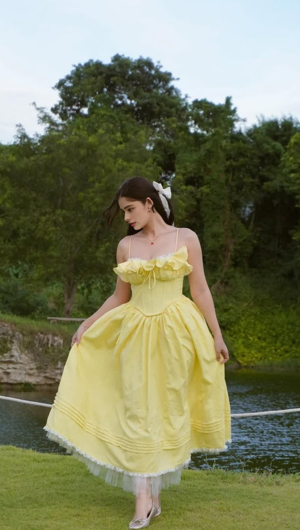 AIIZIE RUFFLE CORSET PUFFY MAXI DRESS IN YELLOW - product image