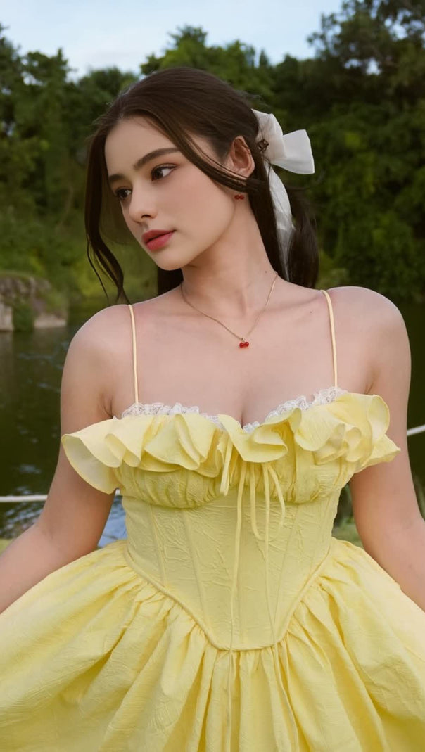 AIIZIE RUFFLE CORSET PUFFY MAXI DRESS IN YELLOW - product image