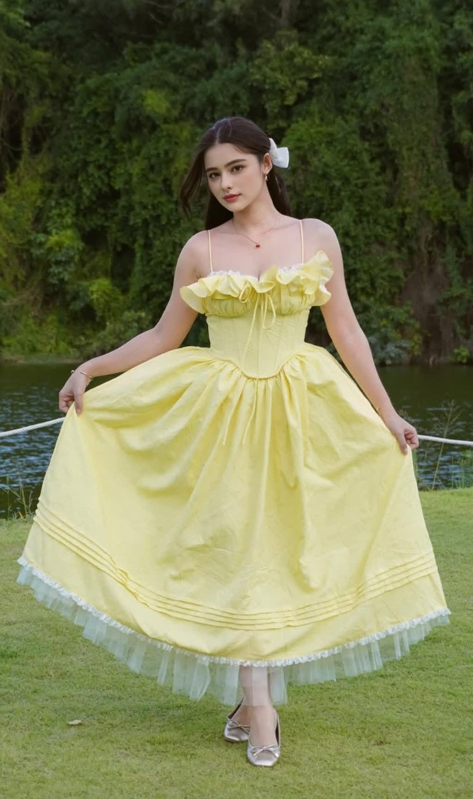 ruffle corset puffy maxi dress in yellow