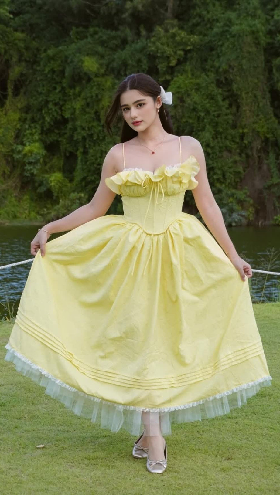 RUFFLE CORSET PUFFY MAXI DRESS IN YELLOW