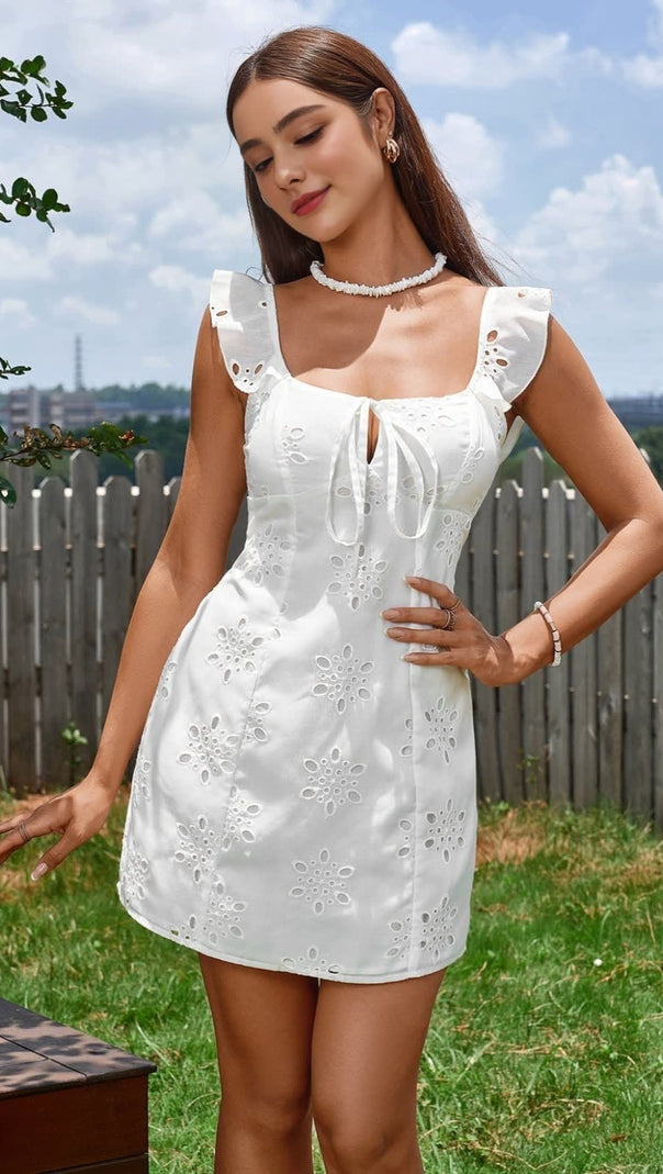 AIIZIE FLY SLEEVE JACQUARD TIE FRONT MINI DRESS - product image
