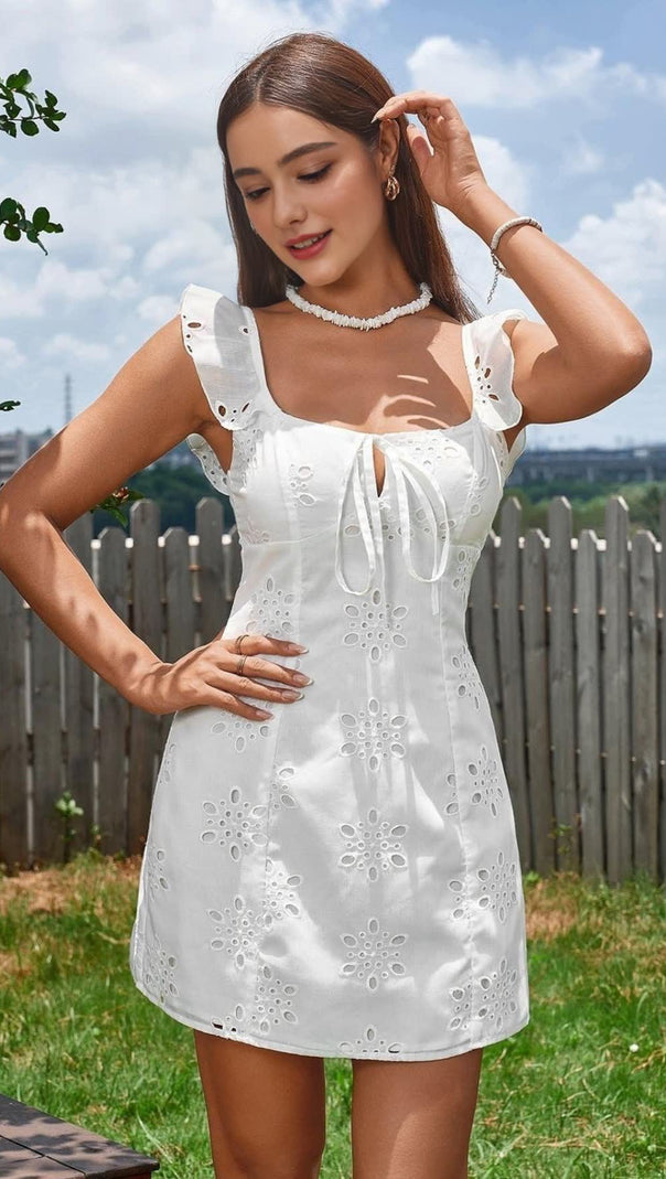AIIZIE FLY SLEEVE JACQUARD TIE FRONT MINI DRESS - product image