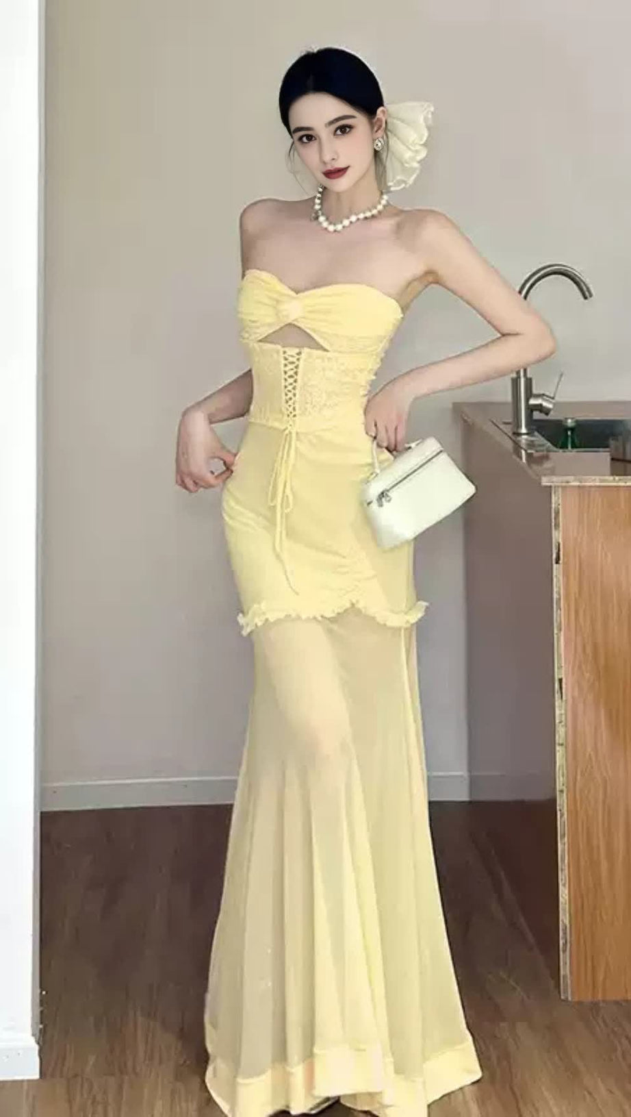 MESH CUTOUT CORSET MAXI DRESS - YELLOW