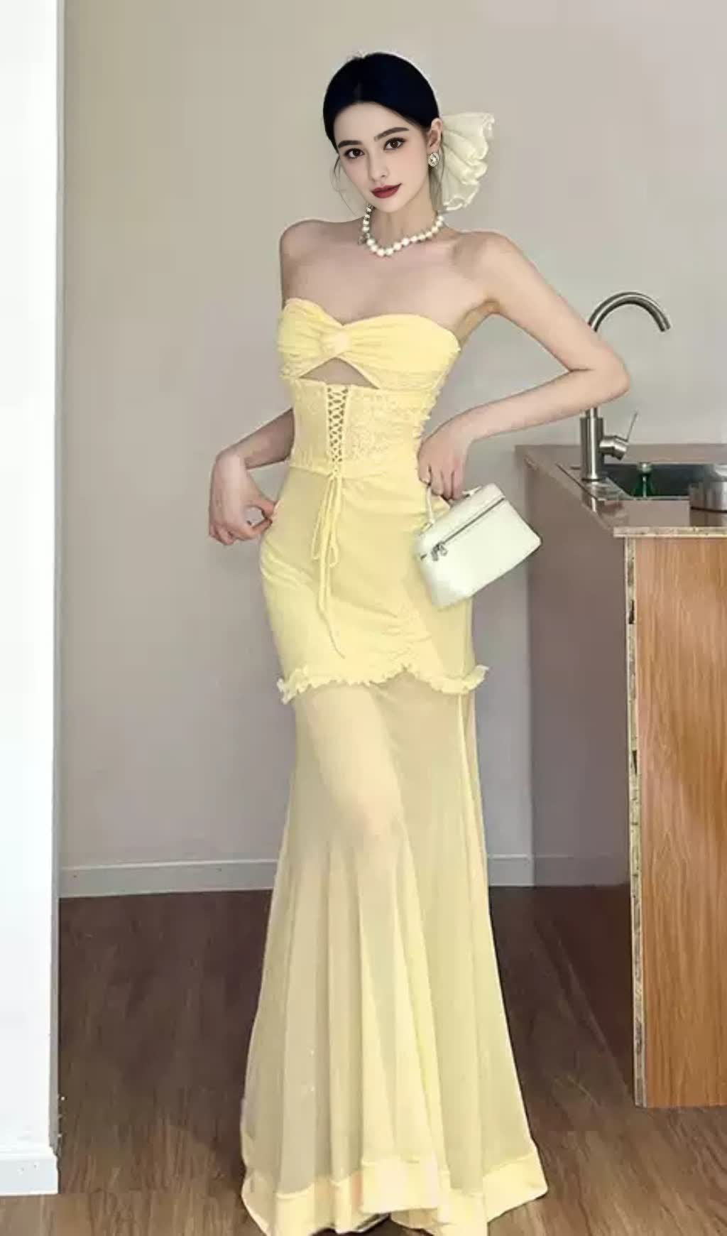 MESH CUTOUT CORSET MAXI DRESS - YELLOW