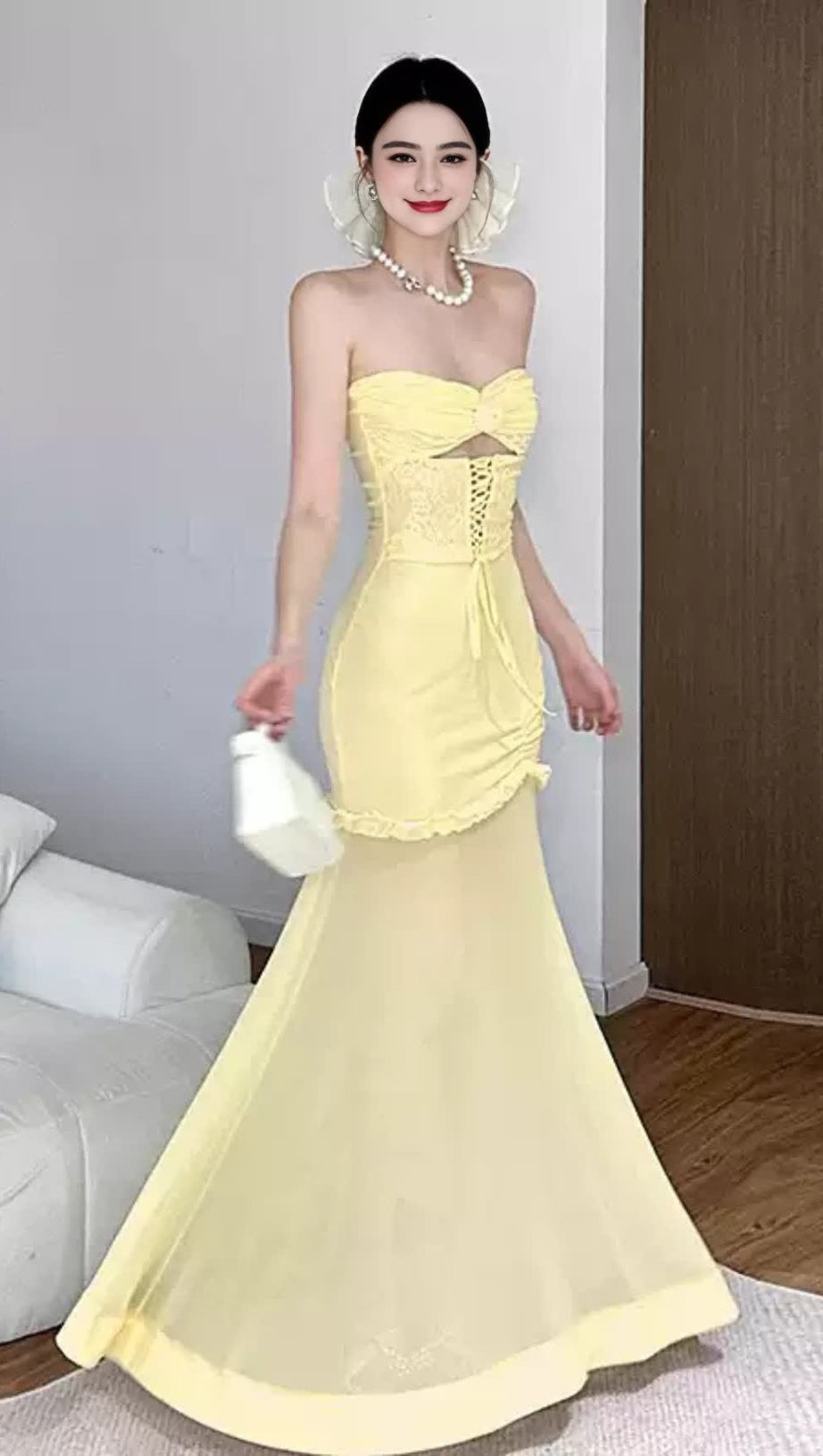 MESH CUTOUT CORSET MAXI DRESS - YELLOW