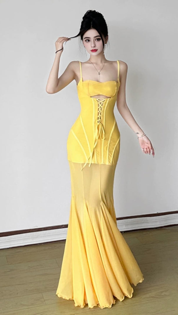 AIIZIE YELLOW CUT - OUT CORSET MERMAID MAXI DRESS - product image