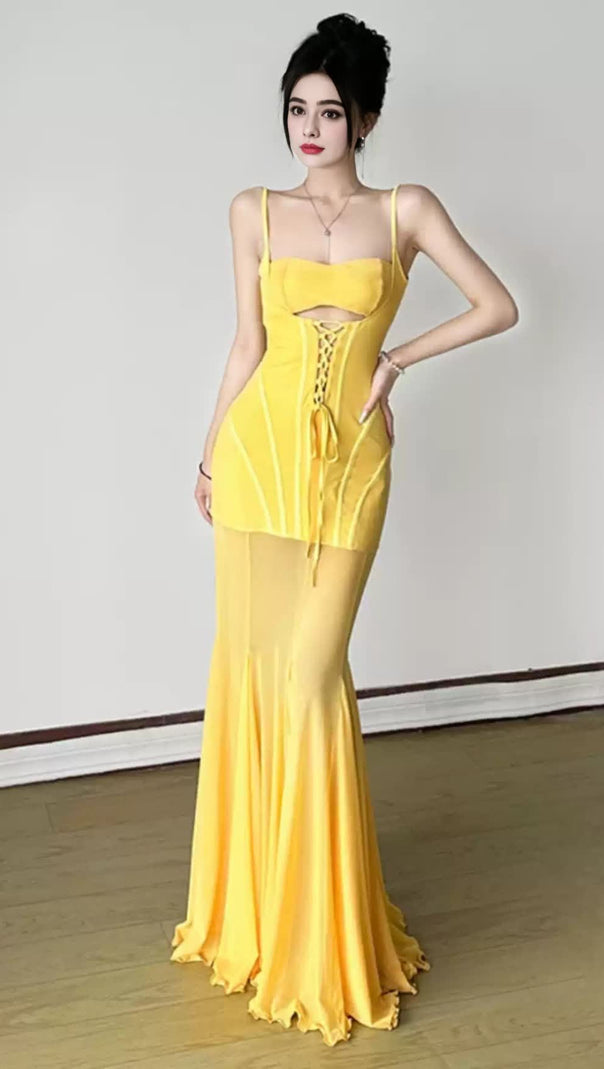 AIIZIE YELLOW CUT - OUT CORSET MERMAID MAXI DRESS - product image