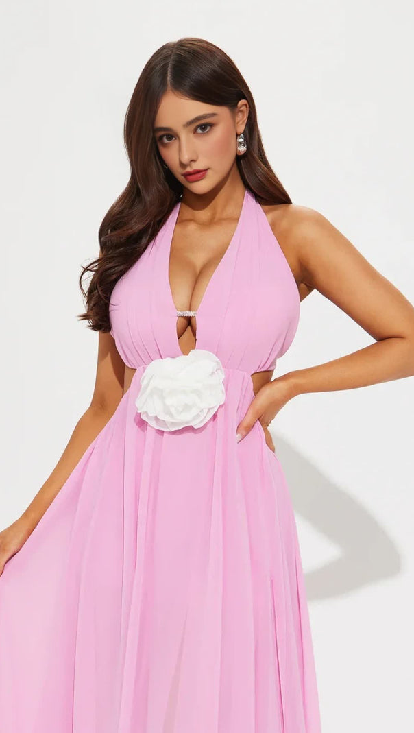 AIIZIE V-NECK CUTOUT HALTER CHIFFON MAXI DRESS IN PINK - product image