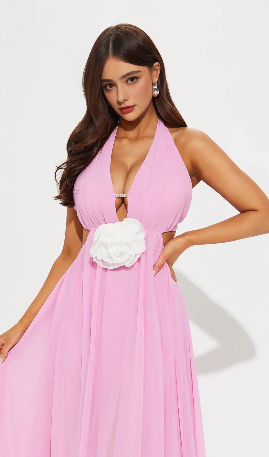 V-NECK CUTOUT HALTER CHIFFON MAXI DRESS IN PINK