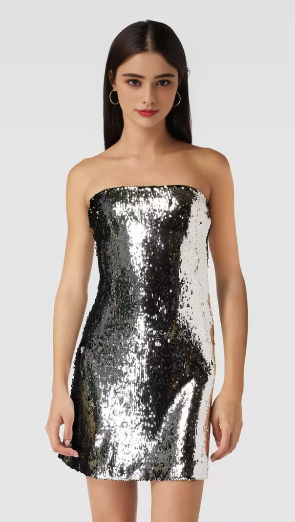 AIIZIE OFF-SHOULDER SEQUIN EMBELLISHED MINI DRESS IN SILVER - product image