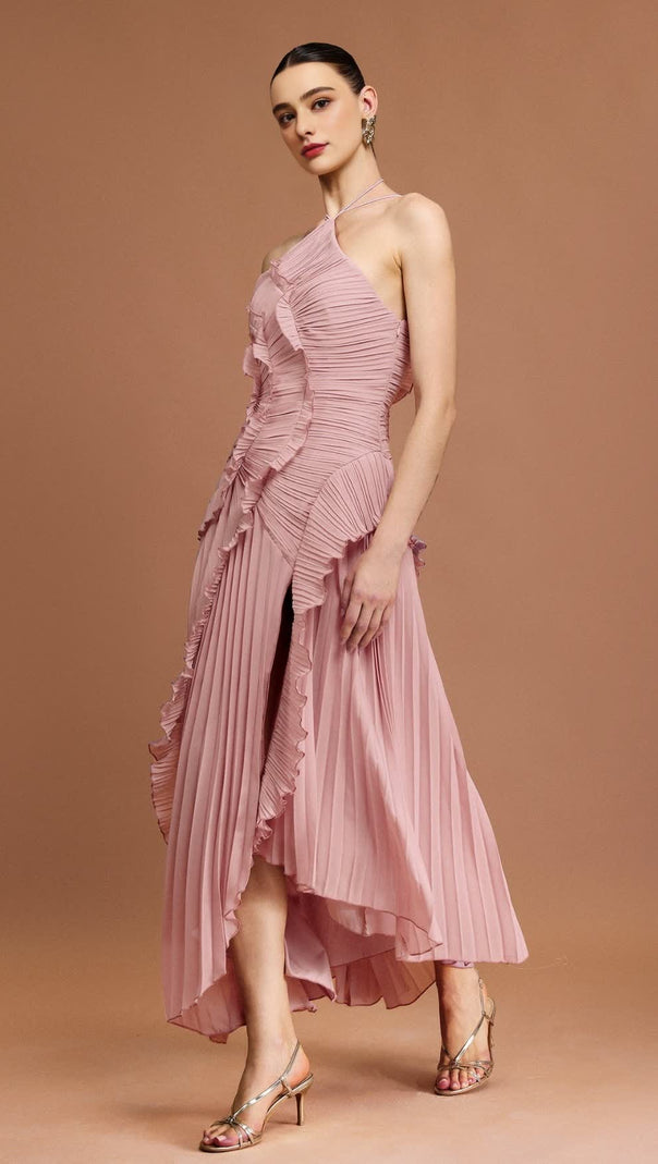 Alva – Ärmelloses Maxikleid mit Falten und Schlitz in Hellrosa