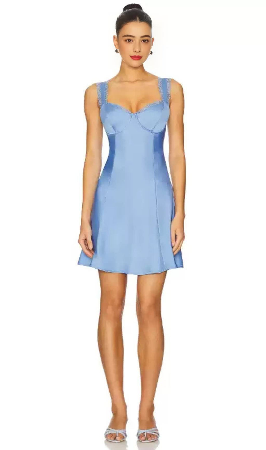 Lace trim satin mini dress in blue