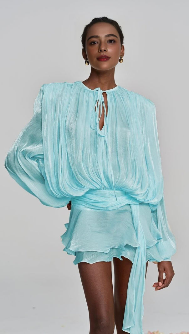 AIIZIE HERMOSA BALLOON SLEEVE RUCH RUFFLE MINI DRESS IN BABY BLUE - product image