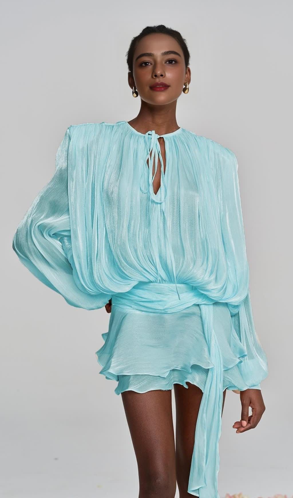 HERMOSA BALLOON SLEEVE RUCH RUFFLE MINI DRESS IN BABY BLUE