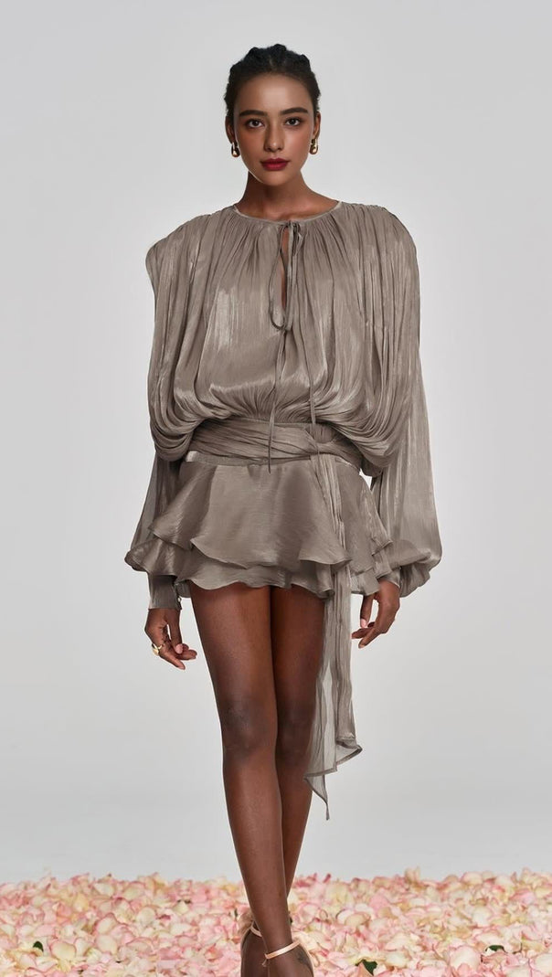 AIIZIE HERMOSA BALLOON SLEEVE RUCH RUFFLE MINI DRESS IN BROWN - product image