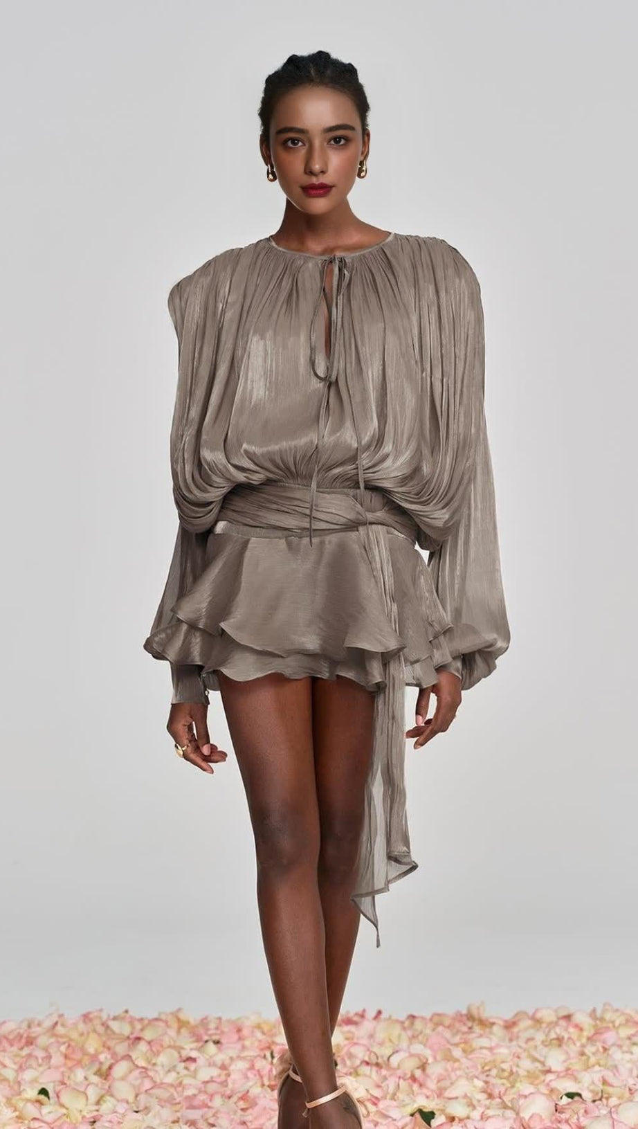 HERMOSA BALLOON SLEEVE RUCH RUFFLE MINI DRESS IN BROWN