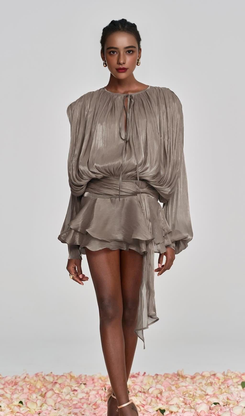HERMOSA BALLOON SLEEVE RUCH RUFFLE MINI DRESS IN BROWN