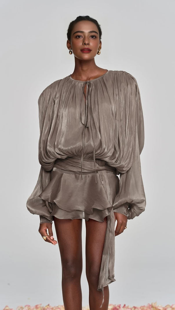 AIIZIE HERMOSA BALLOON SLEEVE RUCH RUFFLE MINI DRESS IN BROWN - product image