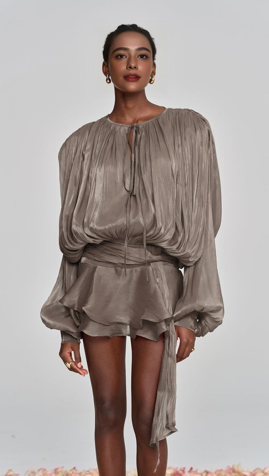 HERMOSA BALLOON SLEEVE RUCH RUFFLE MINI DRESS IN BROWN