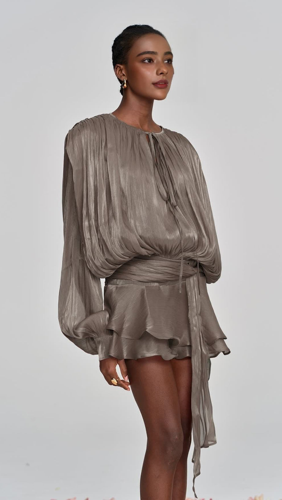 HERMOSA BALLOON SLEEVE RUCH RUFFLE MINI DRESS IN BROWN