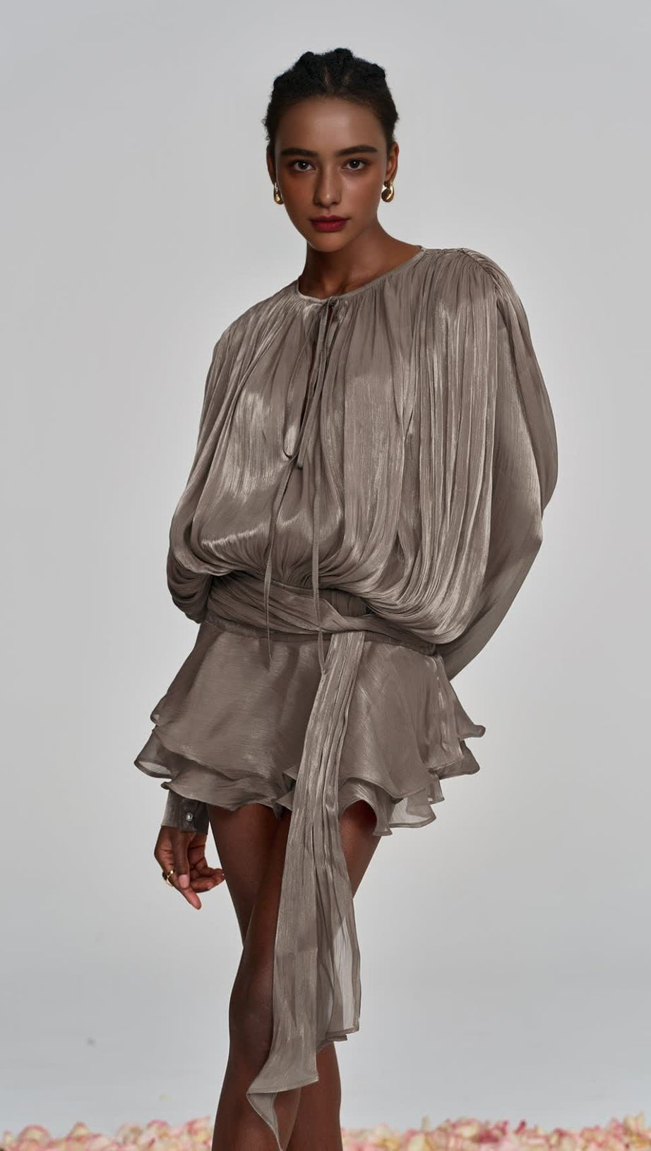 HERMOSA BALLOON SLEEVE RUCH RUFFLE MINI DRESS IN BROWN