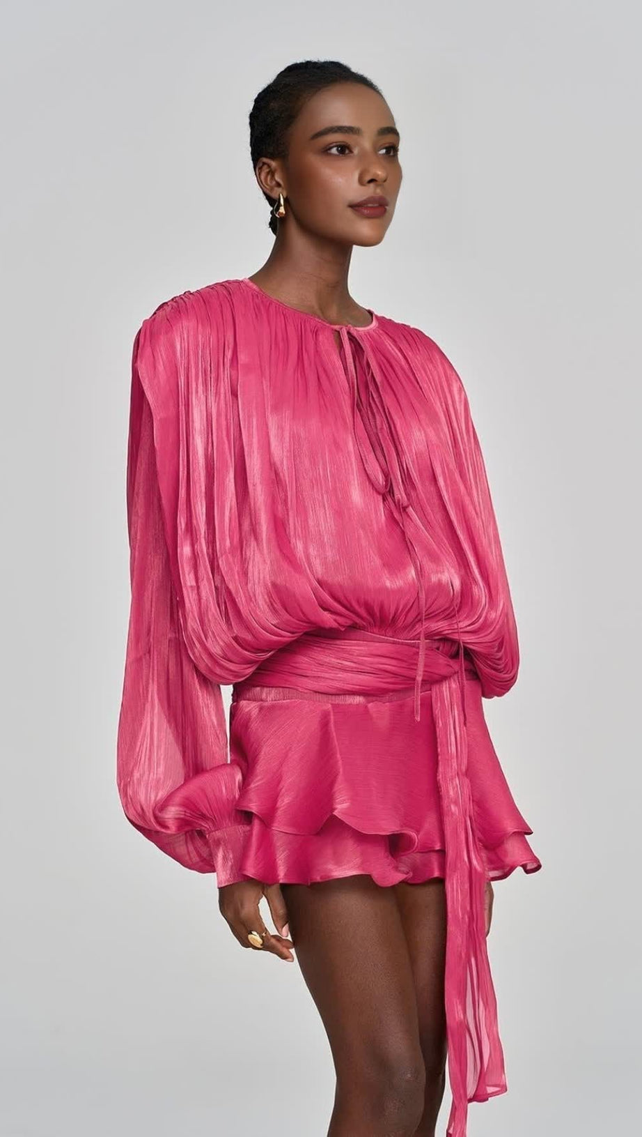 HERMOSA BALLOON SLEEVE RUCH RUFFLE MINI DRESS IN ROSE RED