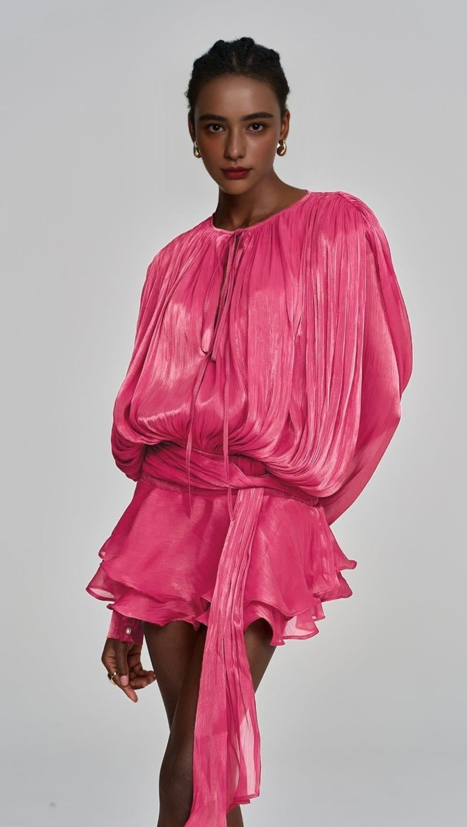 HERMOSA BALLOON SLEEVE RUCH RUFFLE MINI DRESS IN ROSE RED