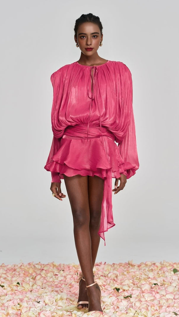 AIIZIE HERMOSA BALLOON SLEEVE RUCH RUFFLE MINI DRESS IN ROSE RED - product image