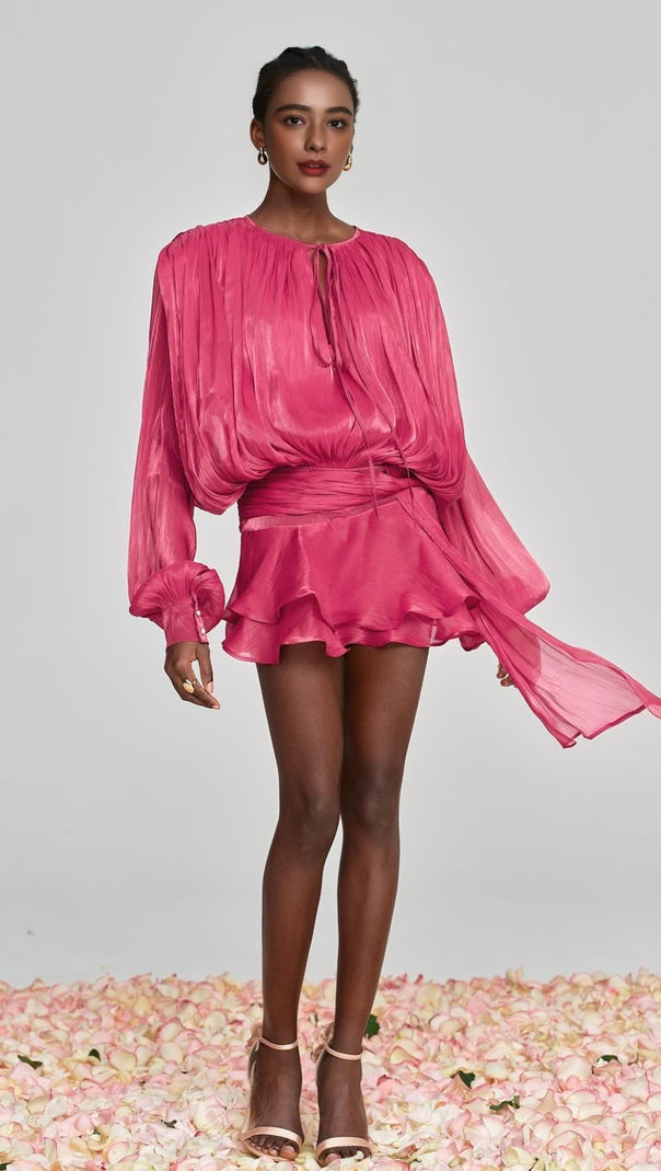 AIIZIE HERMOSA BALLOON SLEEVE RUCH RUFFLE MINI DRESS IN ROSE RED - product image