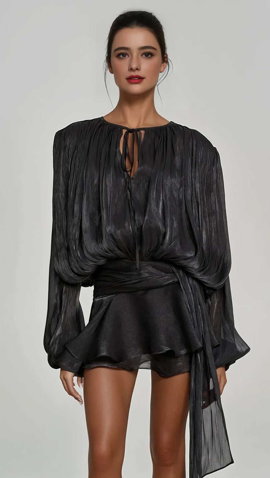 HERMOSA BALLOON SLEEVE RUCH RUFFLE MINI DRESS IN BLACK