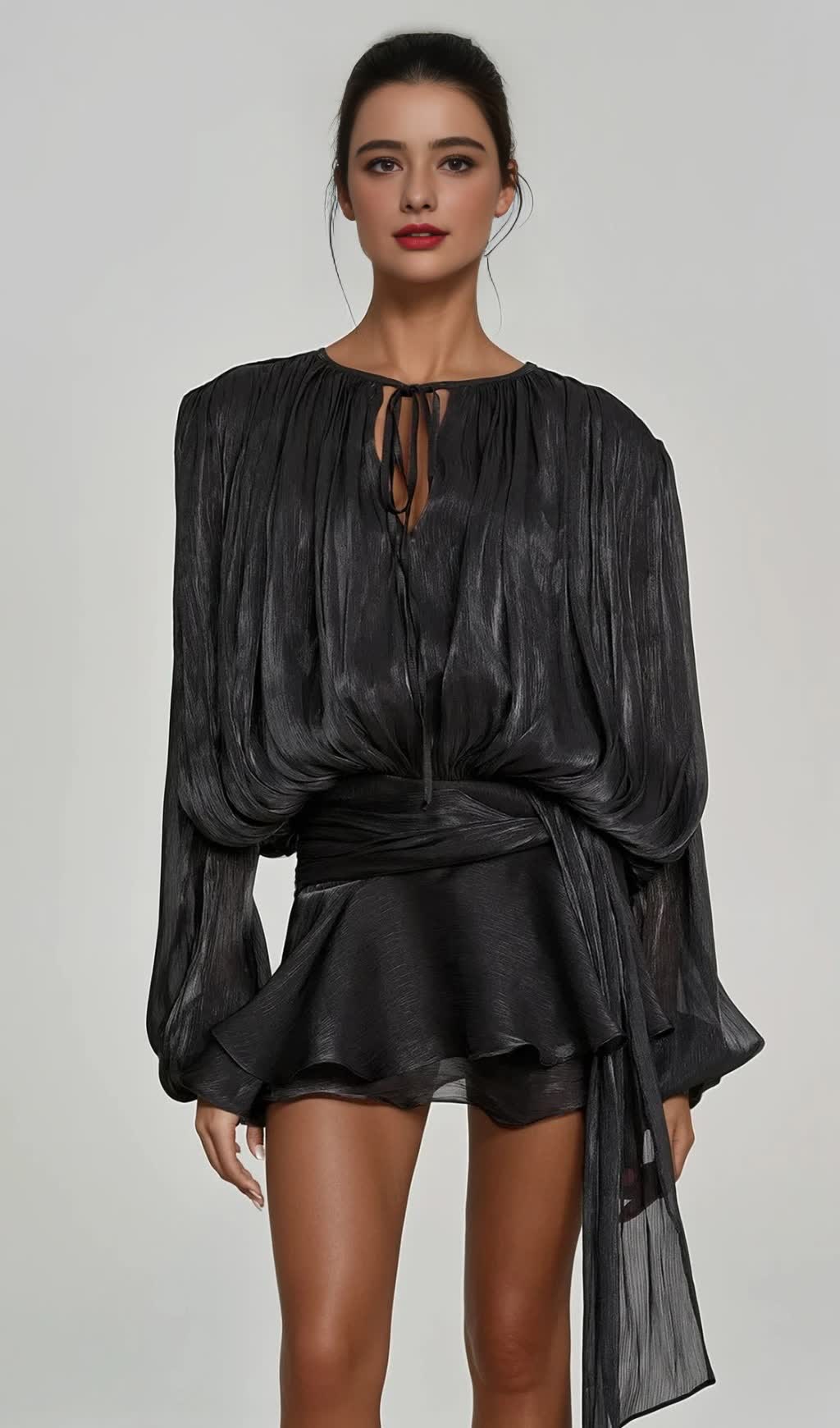 HERMOSA BALLOON SLEEVE RUCH RUFFLE MINI DRESS IN BLACK