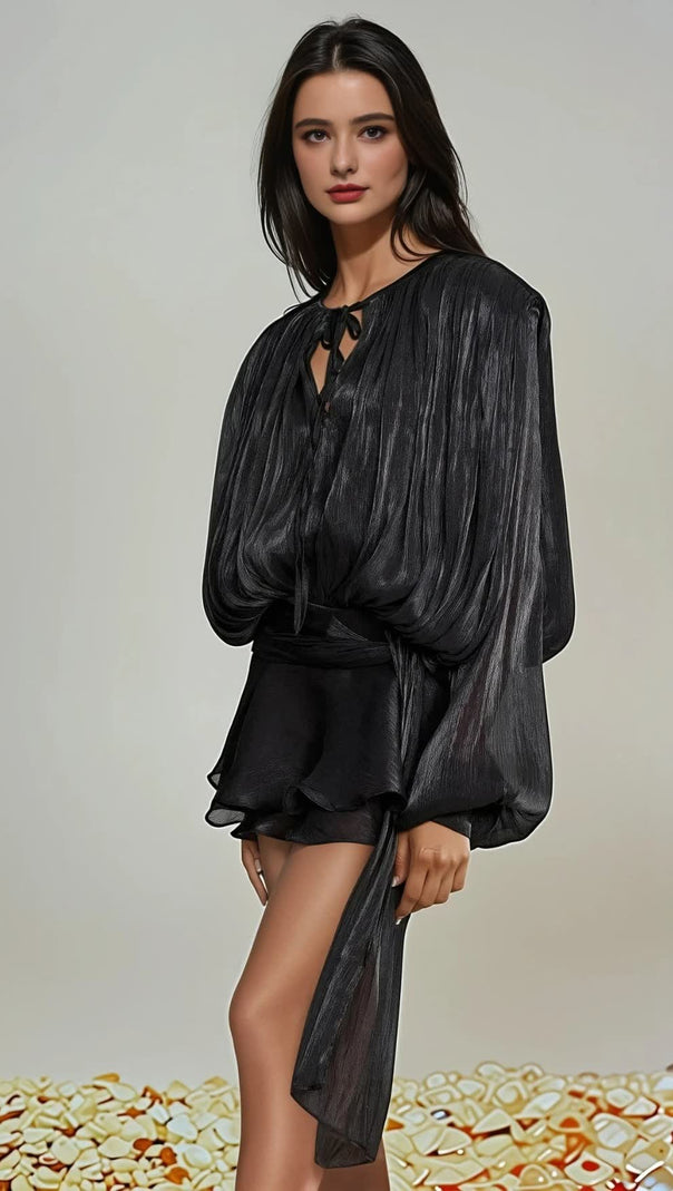 AIIZIE HERMOSA BALLOON SLEEVE RUCH RUFFLE MINI DRESS IN BLACK - product image