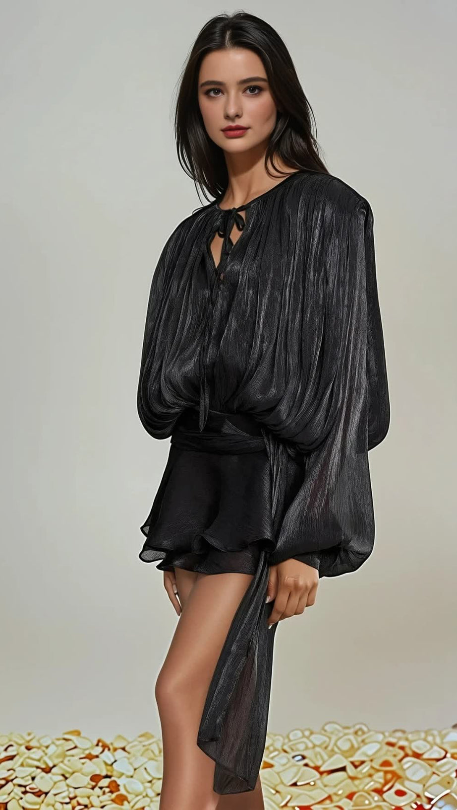 HERMOSA BALLOON SLEEVE RUCH RUFFLE MINI DRESS IN BLACK