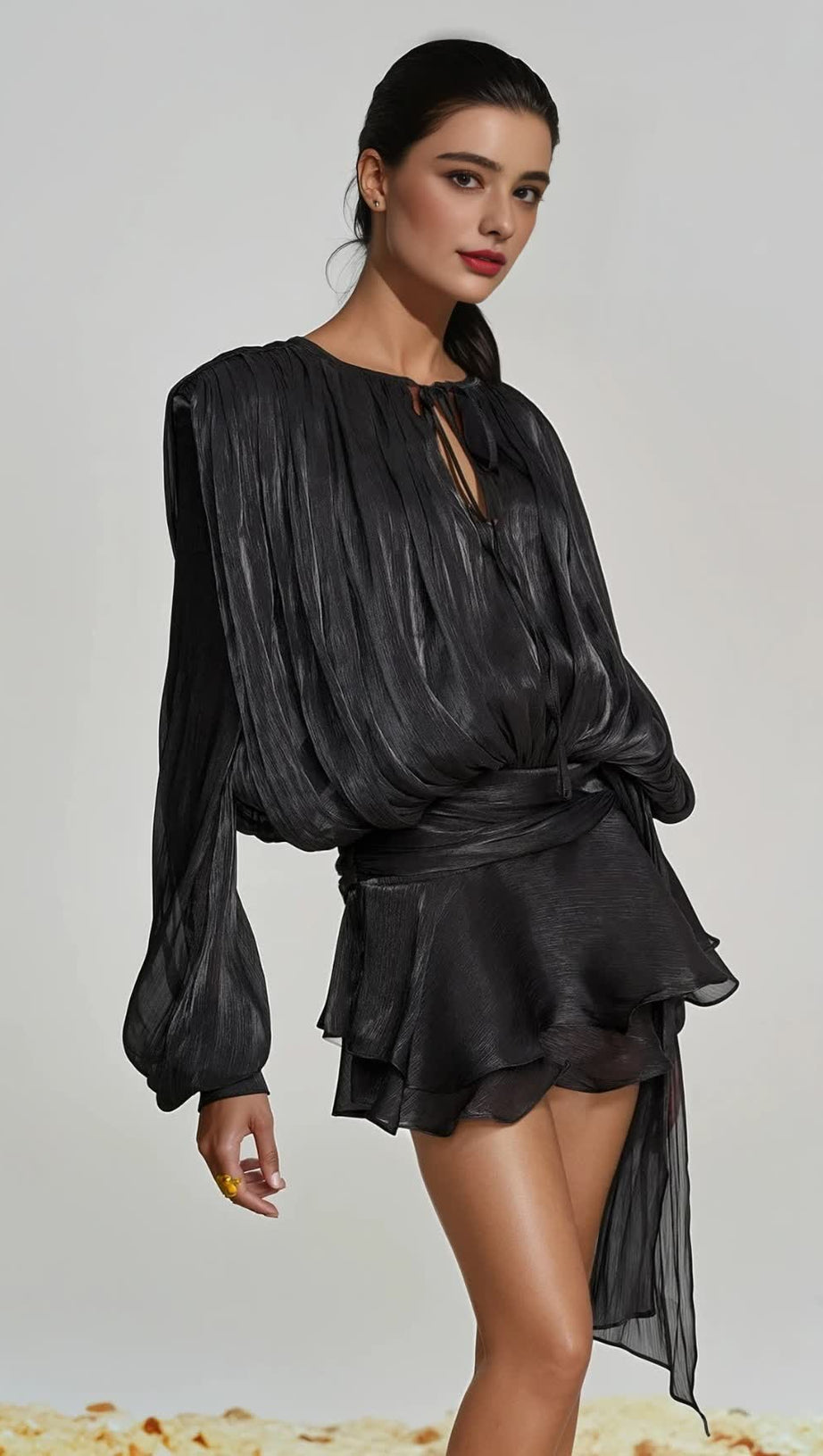 HERMOSA BALLOON SLEEVE RUCH RUFFLE MINI DRESS IN BLACK