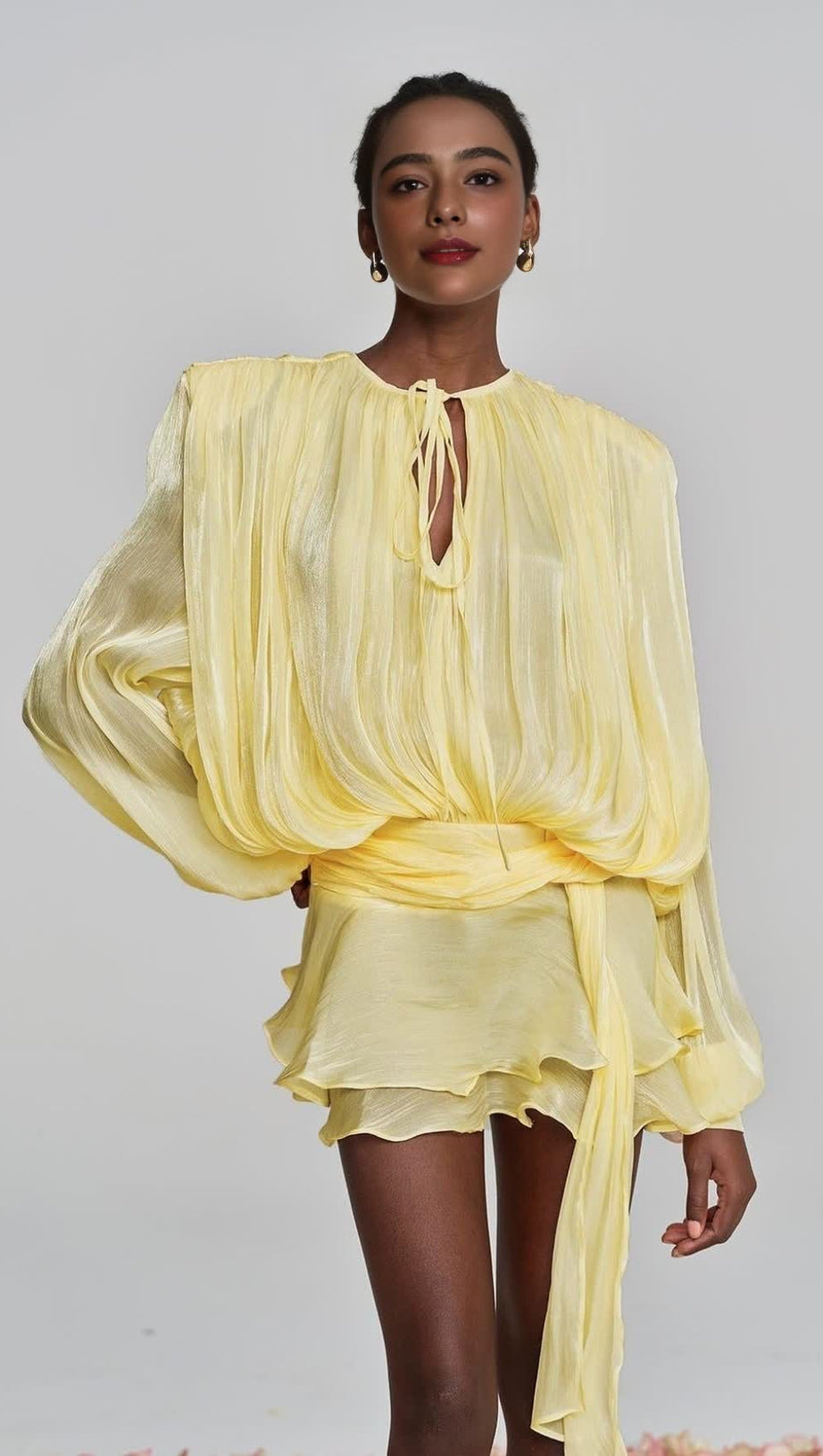 HERMOSA BALLOON SLEEVE RUCH RUFFLE MINI DRESS IN YELLOW