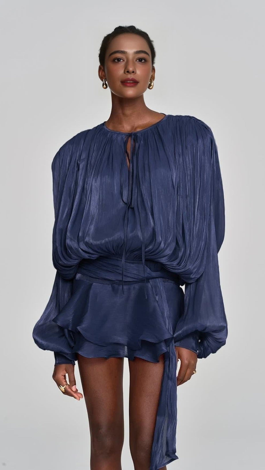 HERMOSA BALLOON SLEEVE RUCH RUFFLE MINI DRESS IN DEEP BLUE