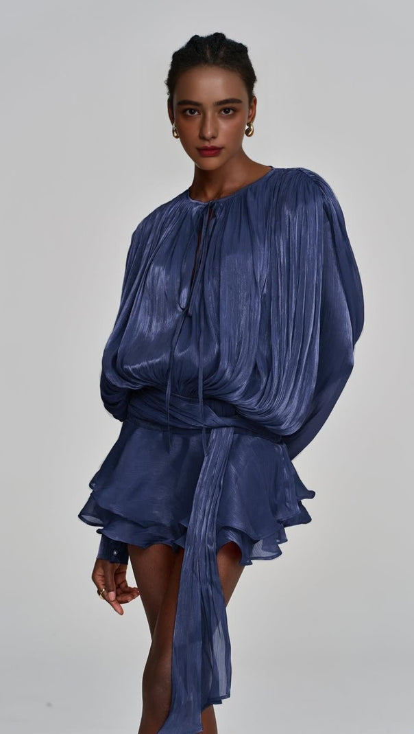 AIIZIE HERMOSA BALLOON SLEEVE RUCH RUFFLE MINI DRESS IN DEEP BLUE - product image