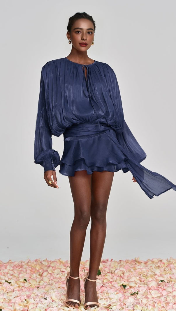 AIIZIE HERMOSA BALLOON SLEEVE RUCH RUFFLE MINI DRESS IN DEEP BLUE - product image