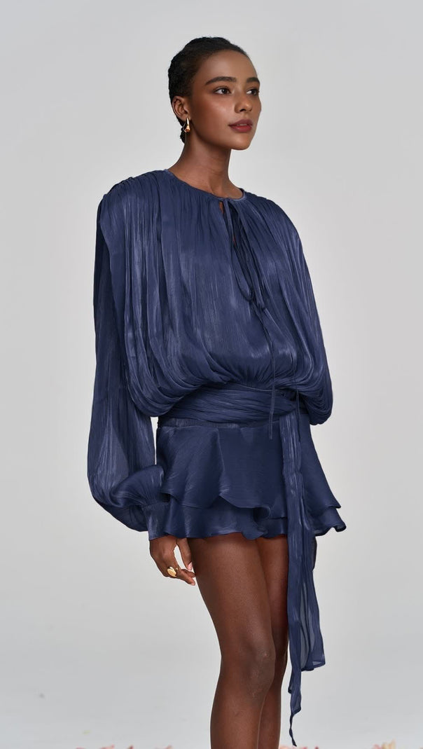 AIIZIE HERMOSA BALLOON SLEEVE RUCH RUFFLE MINI DRESS IN DEEP BLUE - product image