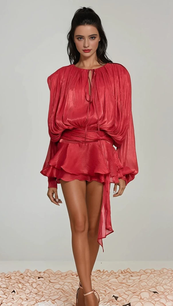 AIIZIE HERMOSA BALLOON SLEEVE RUCH RUFFLE MINI DRESS IN RED - product image