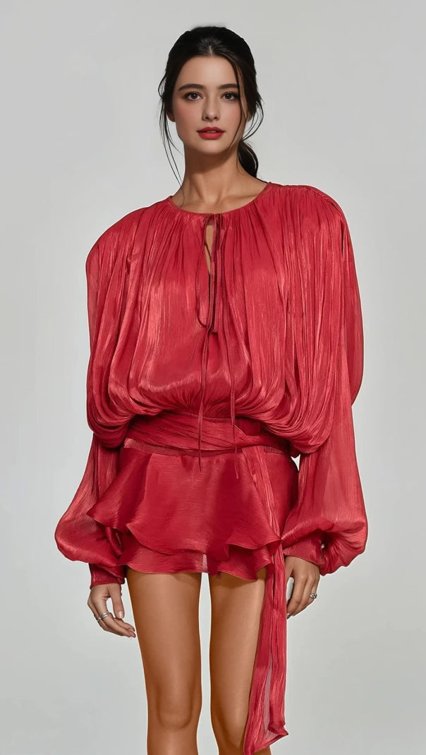 AIIZIE HERMOSA BALLOON SLEEVE RUCH RUFFLE MINI DRESS IN RED - product image