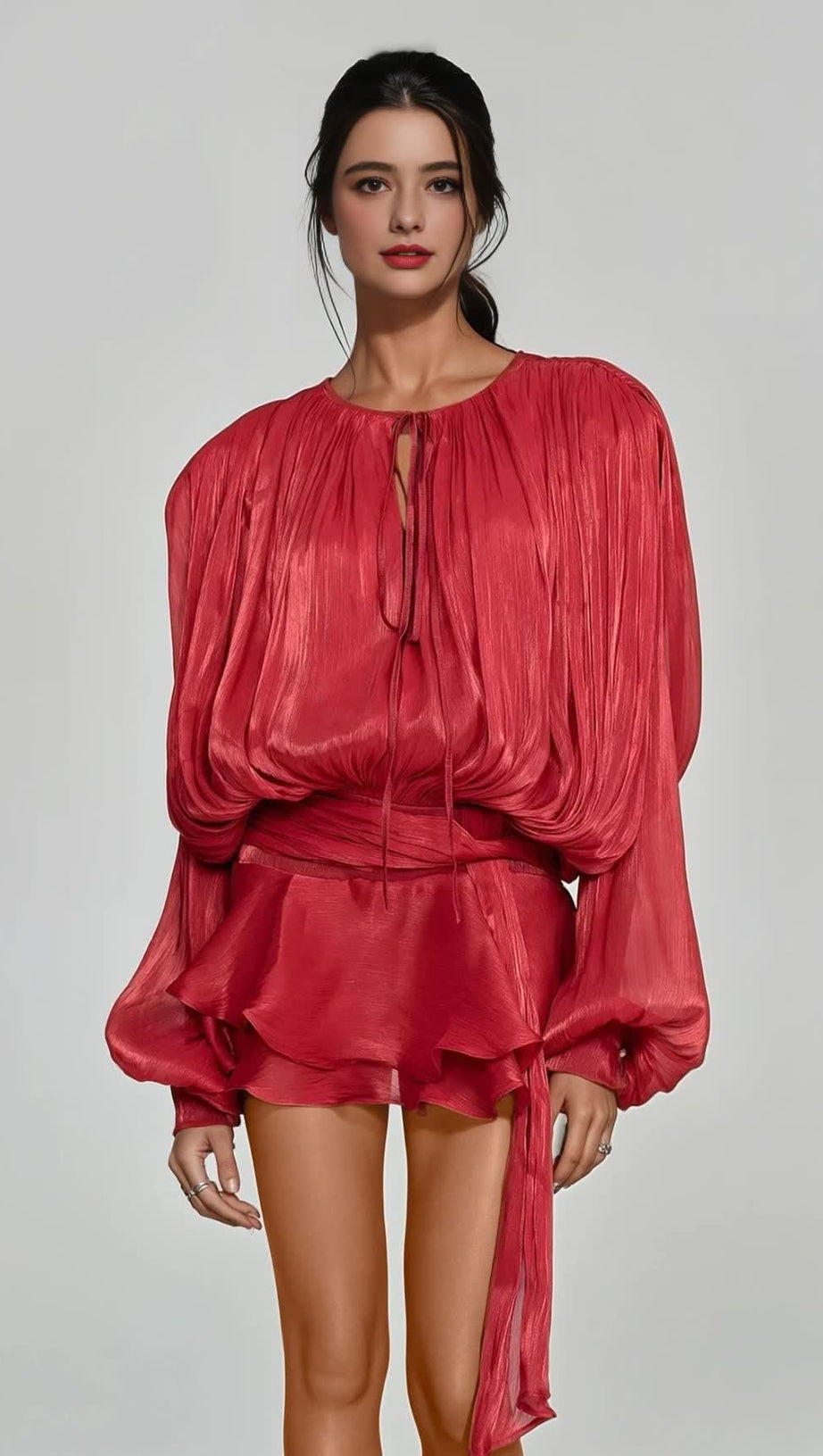 HERMOSA BALLOON SLEEVE RUCH RUFFLE MINI DRESS IN RED
