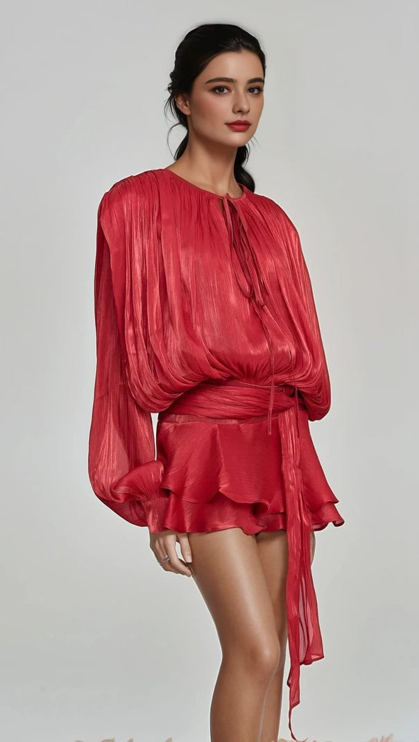 AIIZIE HERMOSA BALLOON SLEEVE RUCH RUFFLE MINI DRESS IN RED - product image