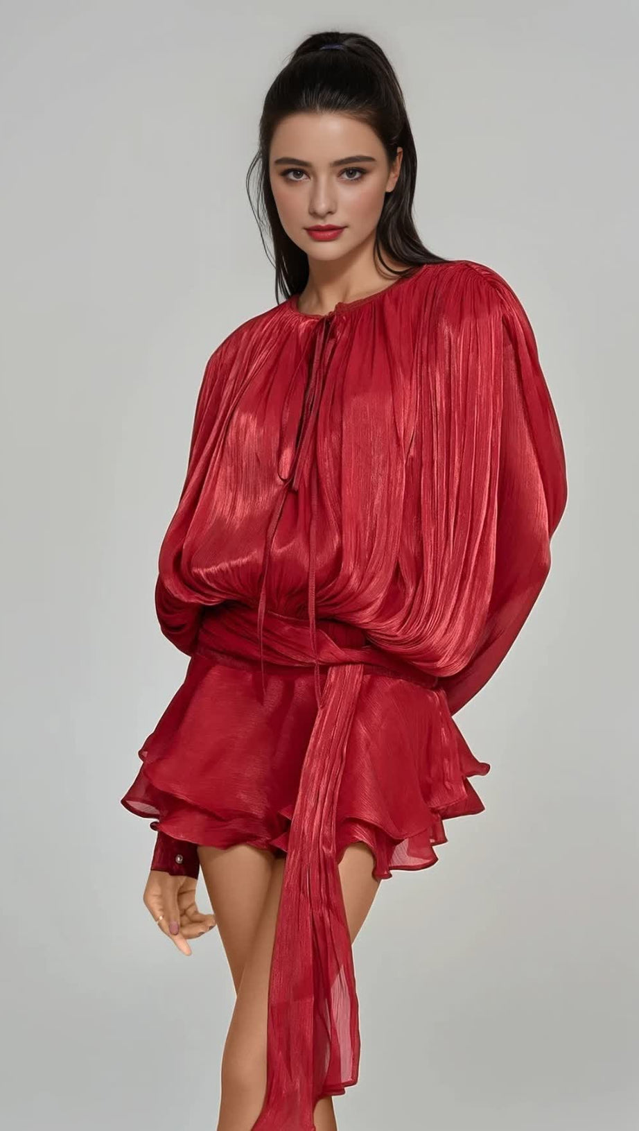 HERMOSA BALLOON SLEEVE RUCH RUFFLE MINI DRESS IN RED