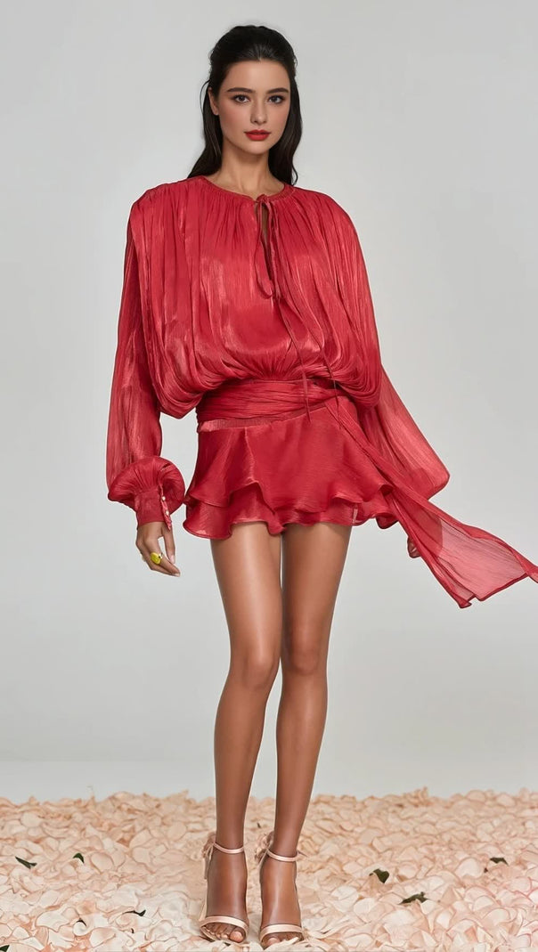 AIIZIE HERMOSA BALLOON SLEEVE RUCH RUFFLE MINI DRESS IN RED - product image