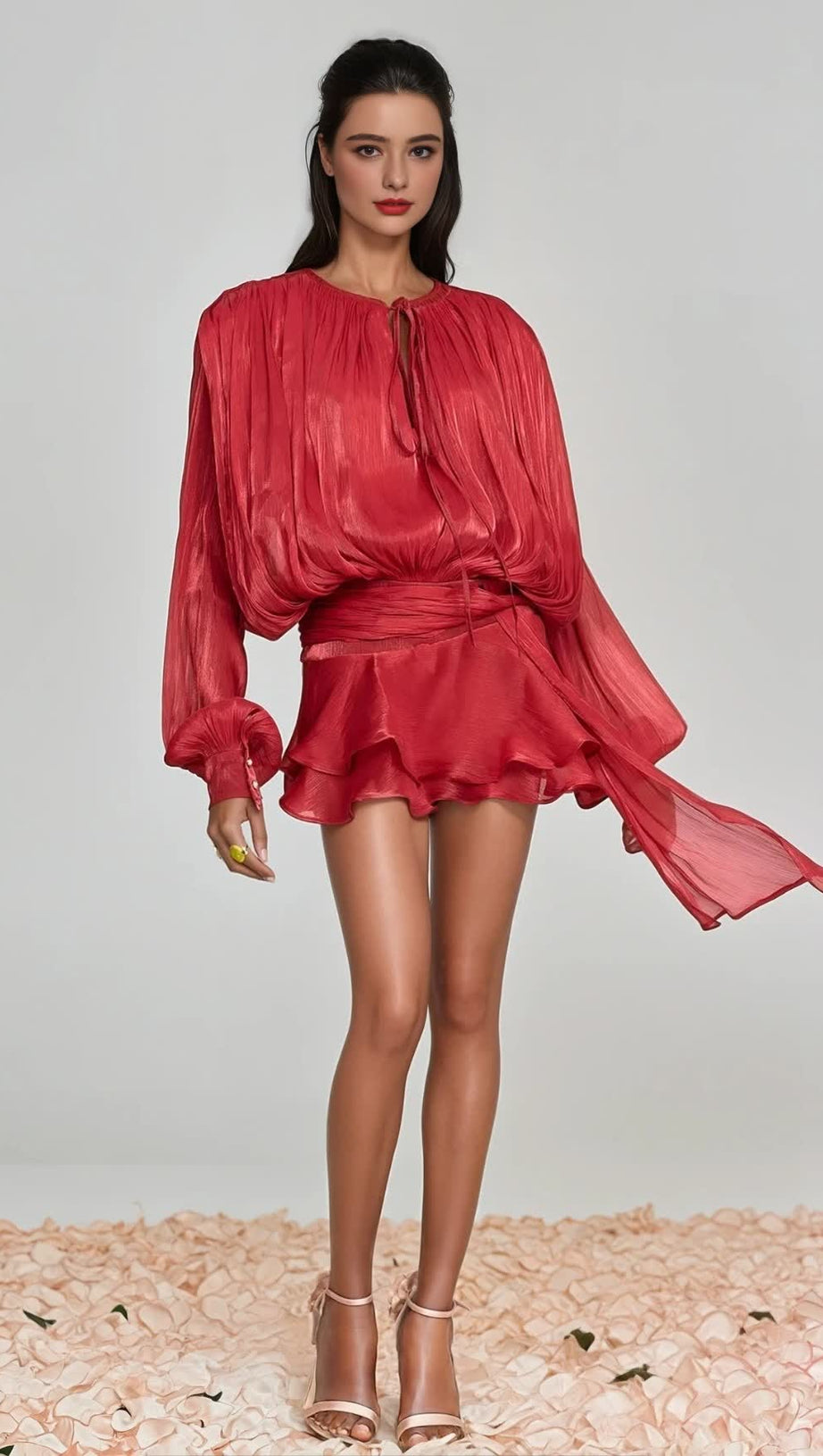 HERMOSA BALLOON SLEEVE RUCH RUFFLE MINI DRESS IN RED