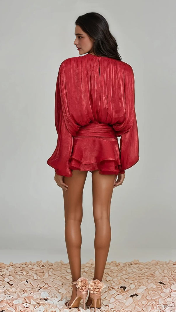 AIIZIE HERMOSA BALLOON SLEEVE RUCH RUFFLE MINI DRESS IN RED - product image