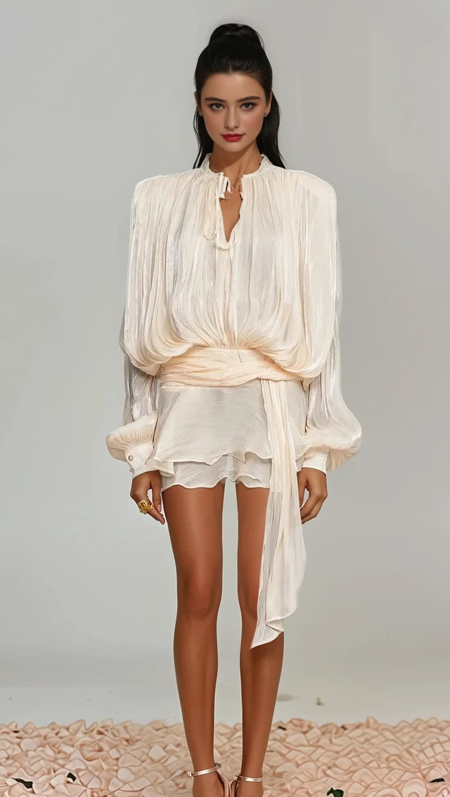 HERMOSA BALLOON SLEEVE RUCH RUFFLE MINI DRESS IN APRICOT