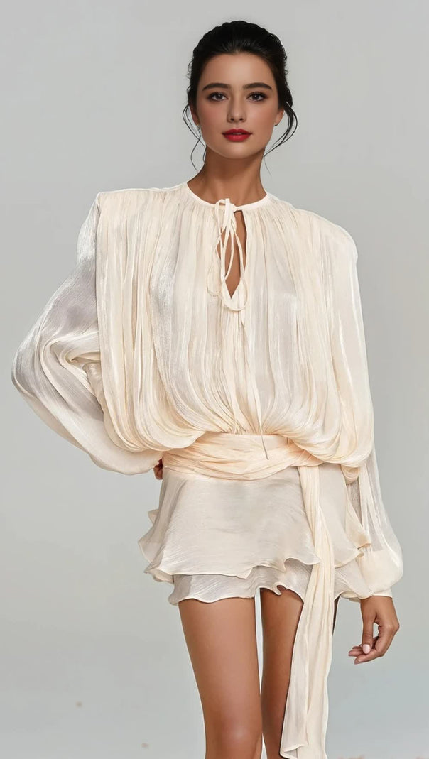 AIIZIE HERMOSA BALLOON SLEEVE RUCH RUFFLE MINI DRESS IN APRICOT - product image